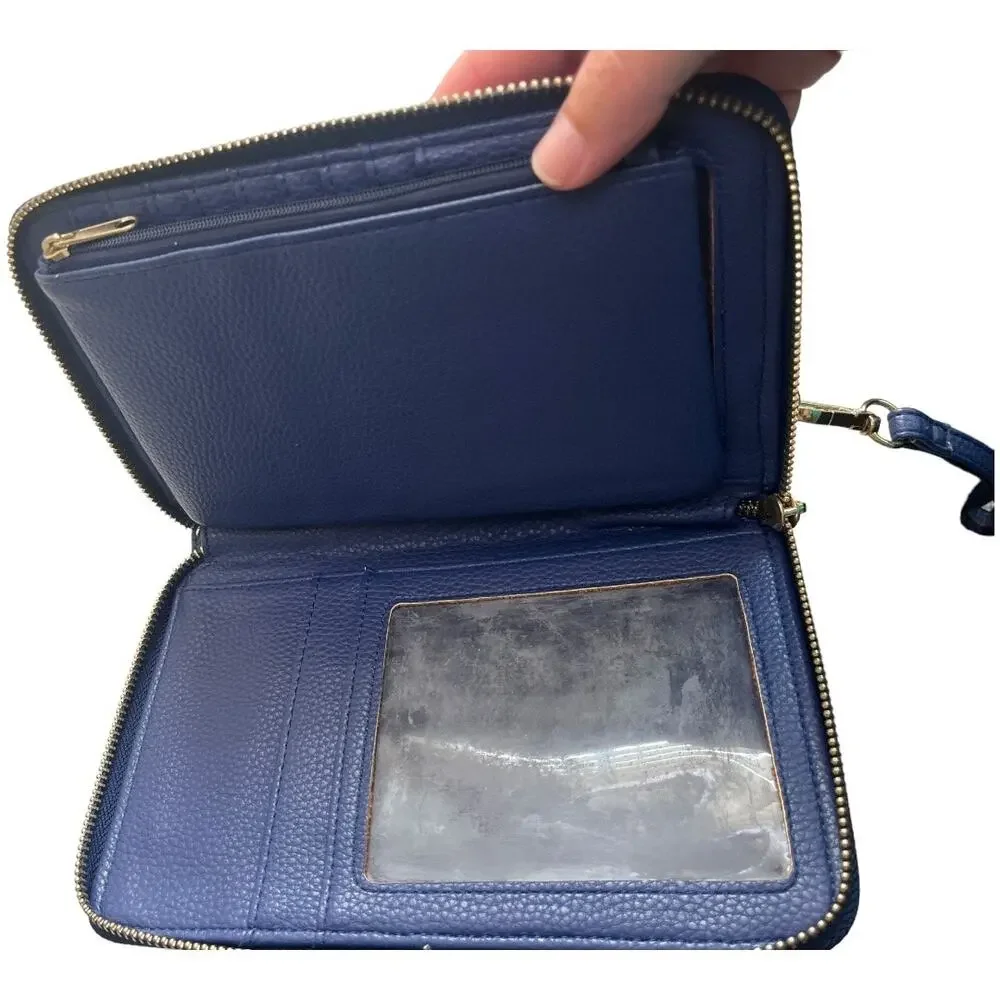 Roxy Magic Happens blue gold zip embossed pattern wristlet wallet vegan leather